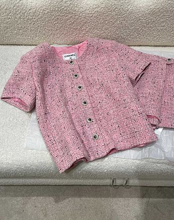 Colestore Chanel Short-sleeved shirt Tweed fabric  Pink, Black & White