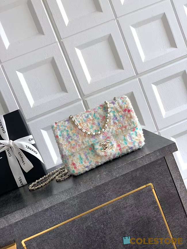 Colestore Chanel Multicolor Tweed Bag with Pearl Chain Strap 20cm - 1