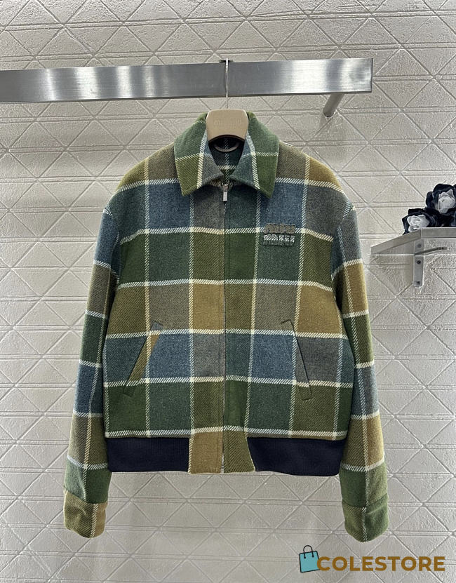 Colestore Miu Miu Camel/aviator Blue Checked Blouson Jacket - 1