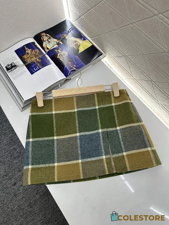 Colestore  Miu Miu Camel/aviator Blue Checked Miniskirt - 1