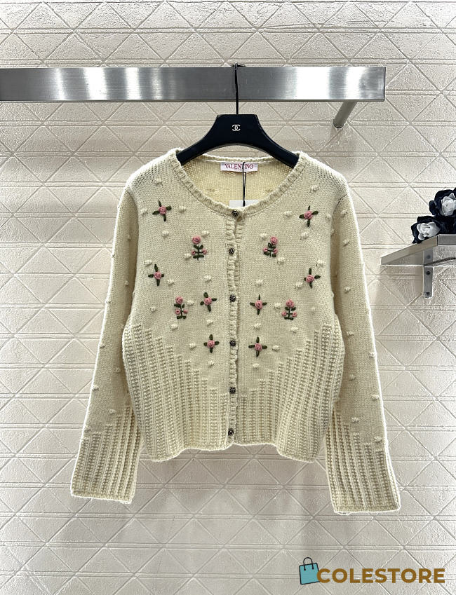 Colestore Valentino Floral Embroidered Round-Neck Knit Cardigan - 1