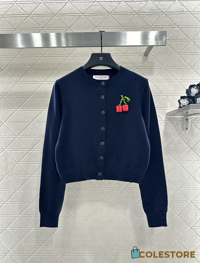 	 Colestore Valentino 3D Cherry Round-Neck Knit Cardigan Navy - 1