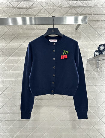 	 Colestore Valentino 3D Cherry Round-Neck Knit Cardigan Navy