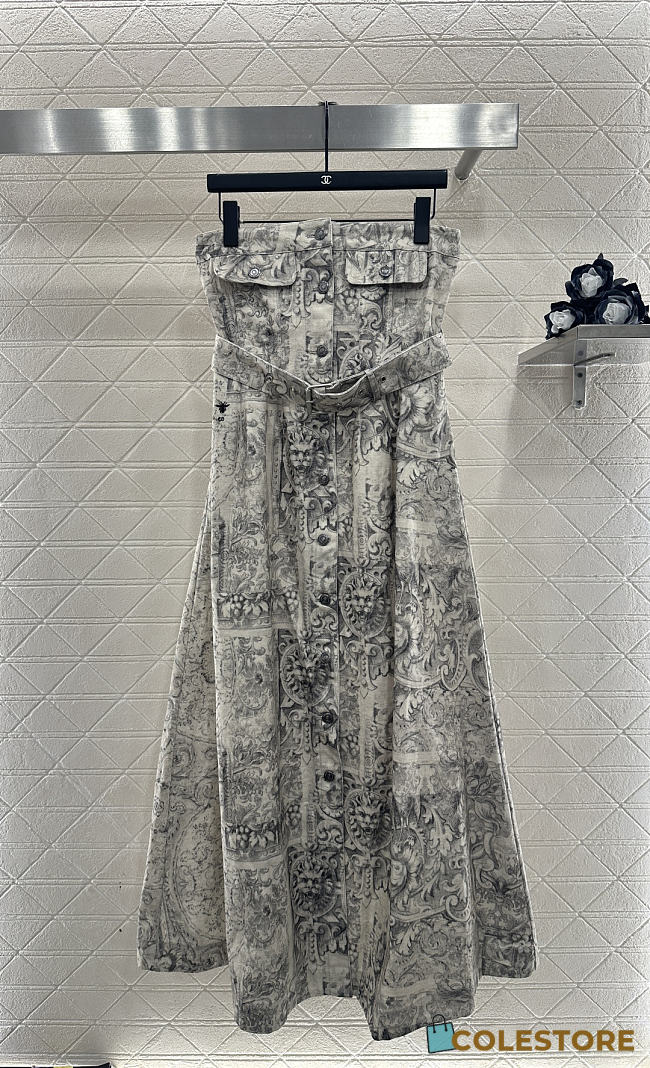Colestore  Dior Mid-Length Belted Bustier Dress Beige Dior Barocco Cotton-Linen Denim - 1