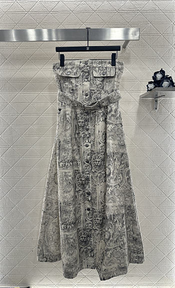 Colestore  Dior Mid-Length Belted Bustier Dress Beige Dior Barocco Cotton-Linen Denim