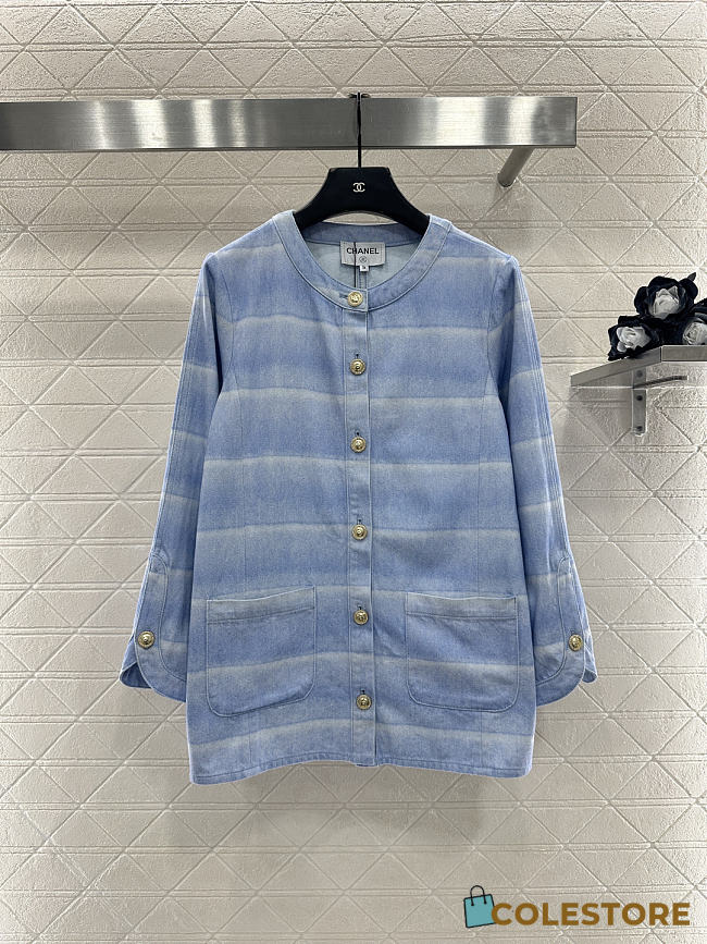 Colestore Chanel Jacket Laminated Denim  Light Blue & White - 1