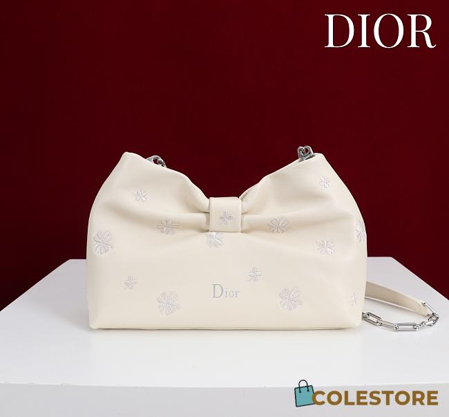 Colestore Dior Bow Clutch in Ivory Lambskin with Floral Embroidery 27×8×18cm - 1