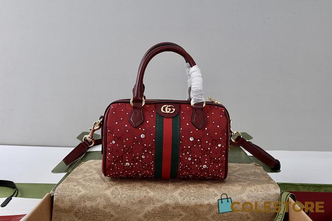Colestore Gucci Ophidia Crystals Small Boston Bag Rosso Ancora red GG canvas 21x13x11cm - 1