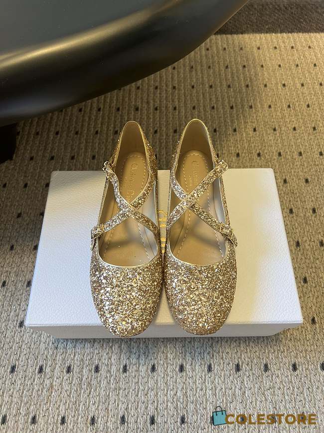 Colestore Very Dior Ballet Flat Gold-Tone Laminated Lambskin and Glitter  - 1