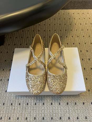Colestore Very Dior Ballet Flat Gold-Tone Laminated Lambskin and Glitter 