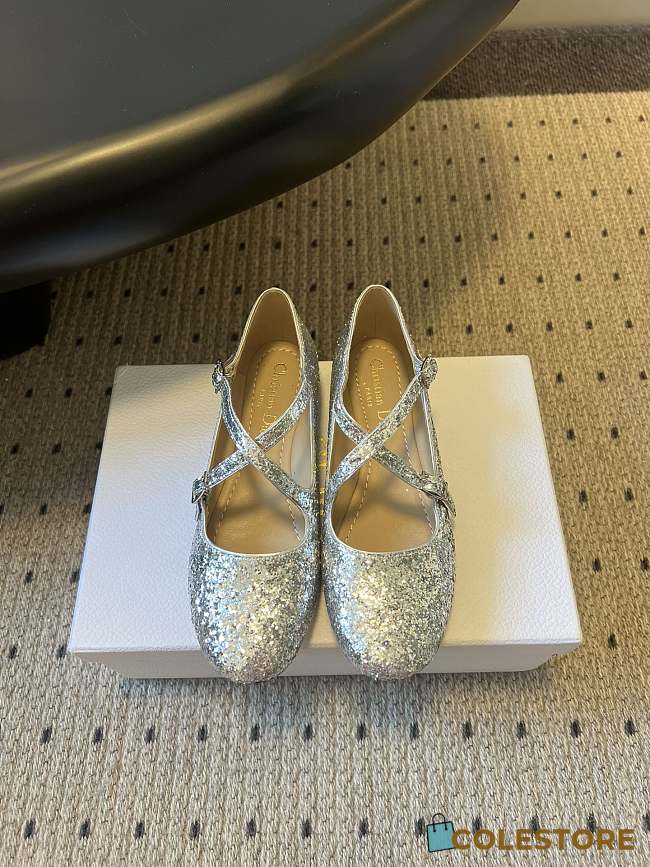 Colestore Very Dior Ballet Flat Silver-Tone Laminated Lambskin and Glitter  - 1