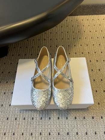 Colestore Very Dior Ballet Flat Silver-Tone Laminated Lambskin and Glitter 