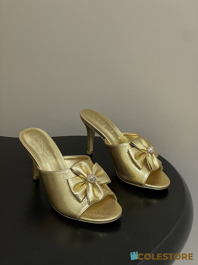 Colestore Chanel Satin Bow Pearl CC Mule Heels Gold 8.5cm - 1