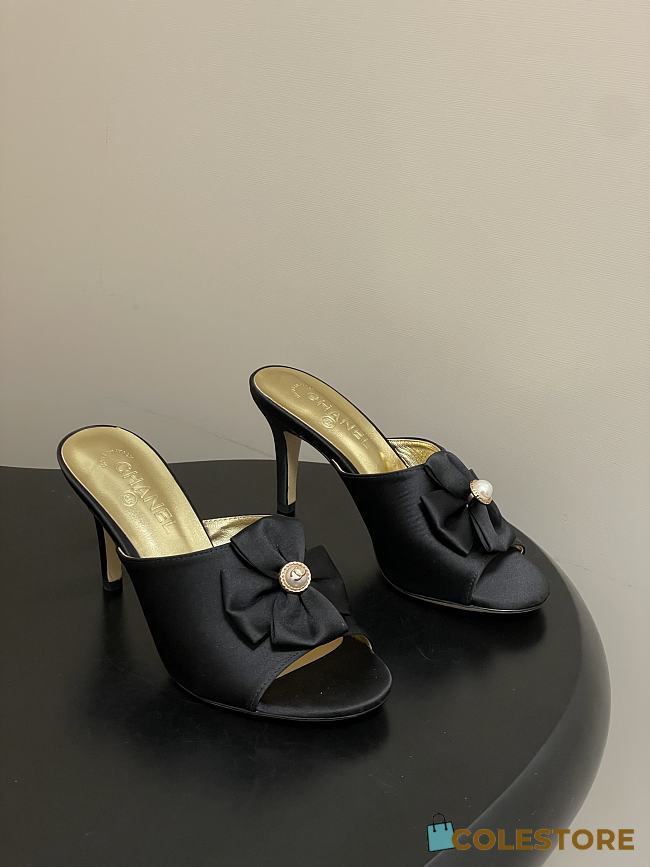 Colestore Chanel Satin Bow Pearl CC Mule Heels Black 8.5cm - 1