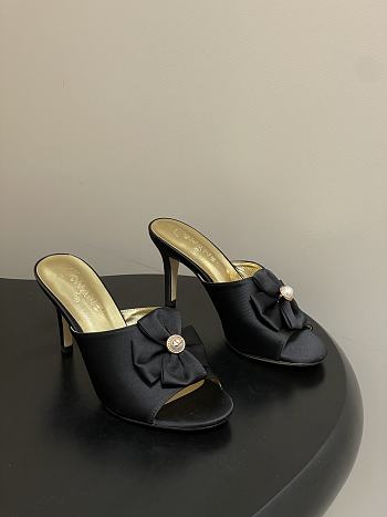 Colestore Chanel Satin Bow Pearl CC Mule Heels Black 8.5cm
