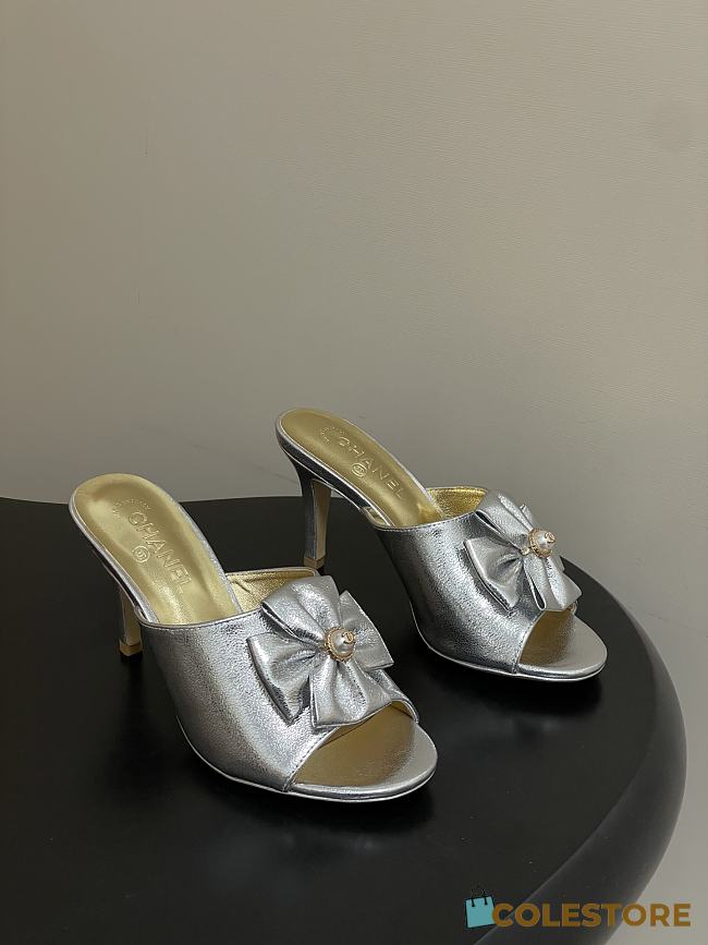 Colestore Chanel Satin Bow Pearl CC Mule Heels Silver 8.5cm - 1