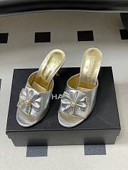 Colestore Chanel Satin Bow Pearl CC Mule Heels Silver 8.5cm - 5