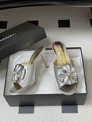 Colestore Chanel Satin Bow Pearl CC Mule Heels Silver 8.5cm - 4