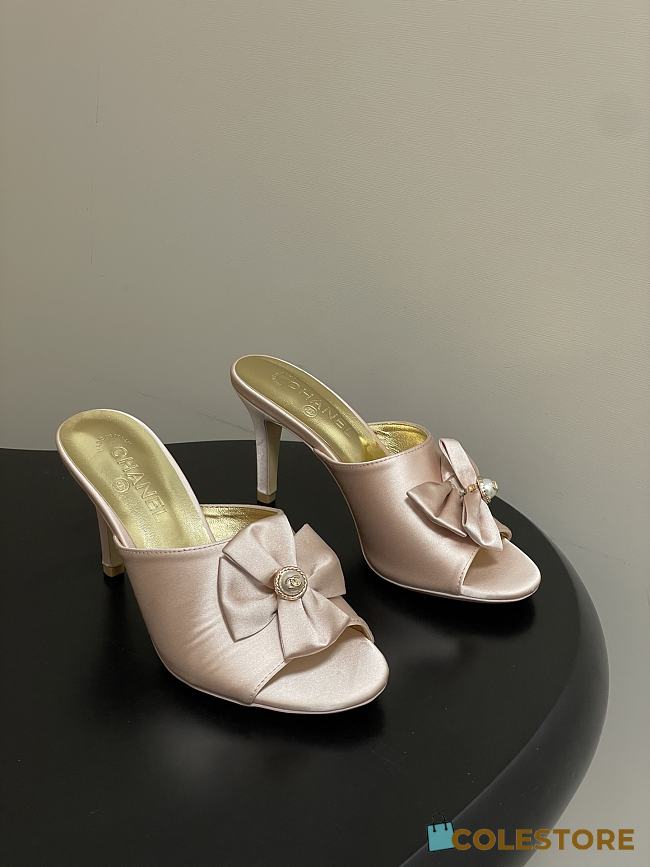 Colestore Chanel Satin Bow Pearl CC Mule Heels Powder Pink 8.5cm - 1
