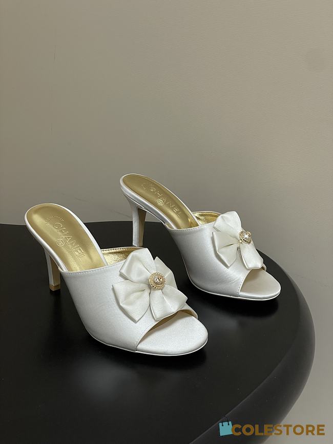 Colestore Chanel Satin Bow Pearl CC Mule Heels White 8.5cm - 1