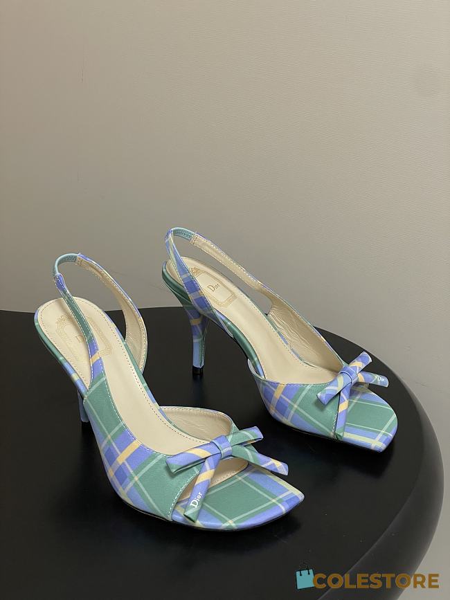 Colestore Dior Bow Slingback Heeled Sandal in Green and Blue Checkered Fabric - 1