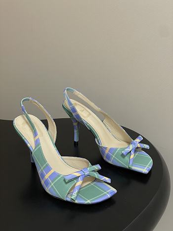 Colestore Dior Bow Slingback Heeled Sandal in Green and Blue Checkered Fabric