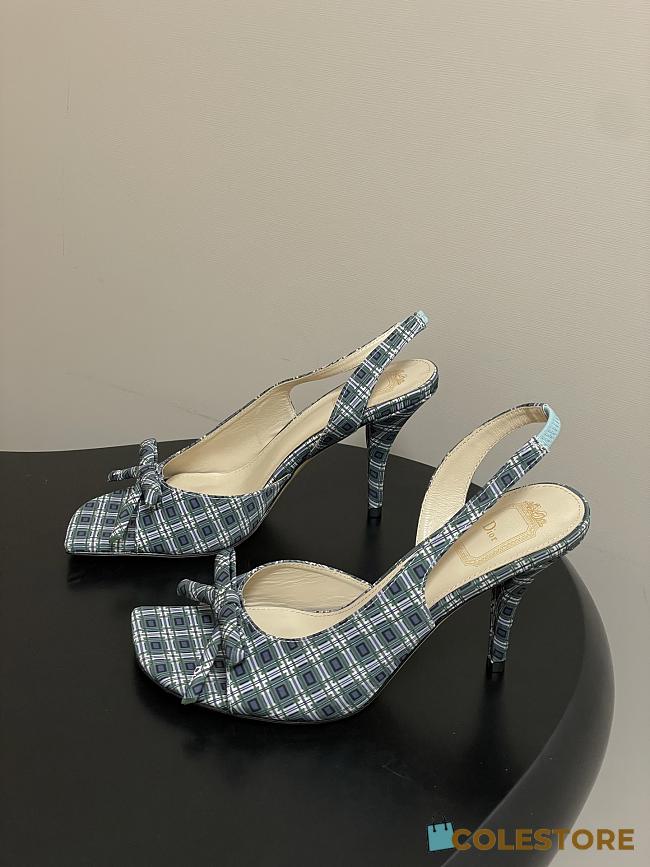 Colestore Dior Bow Slingback Heeled Sandal in Blue Checkered Fabric - 1