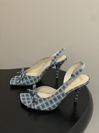 Colestore Dior Bow Slingback Heeled Sandal in Blue Checkered Fabric