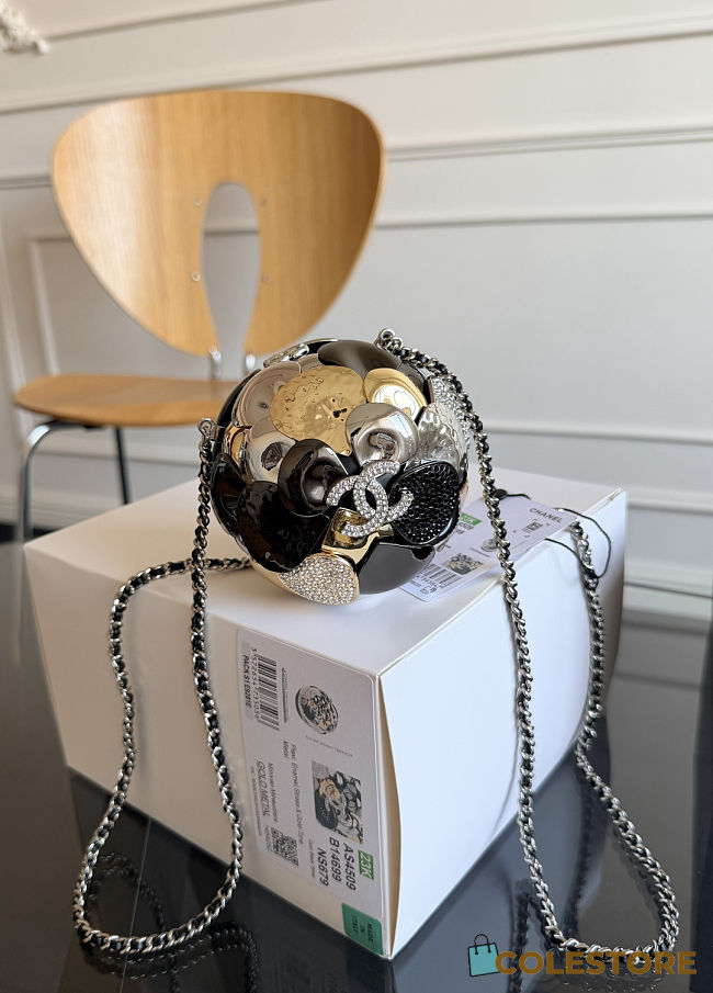 Colestore Chanel Metallic Crystal Silver Camellia Ball Minaudière 9×9×9cm - 1