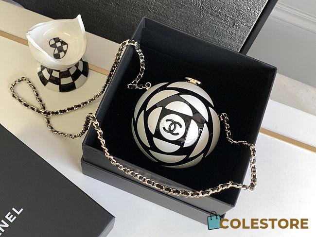 Colestore Chanel Black and White Resin Camellia Sphere Minaudiere with Light Gold Hardware 12x12x12cm - 1