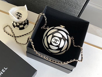 Colestore Chanel Black and White Resin Camellia Sphere Minaudiere with Light Gold Hardware 12x12x12cm
