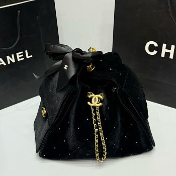 Colestore Chanel 25 Small Handbag Velvet, Stones & Gold Plated Metal Black 26x30x14cm