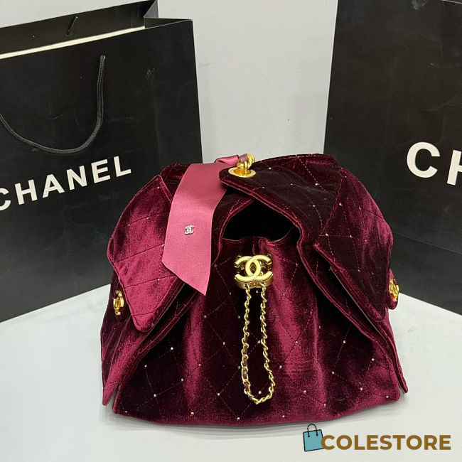 Colestore Chanel 25 Small Handbag Velvet, Stones & Gold Plated Metal Wine Red 26x30x14cm - 1