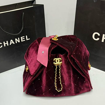 Colestore Chanel 25 Small Handbag Velvet, Stones & Gold Plated Metal Wine Red 26x30x14cm