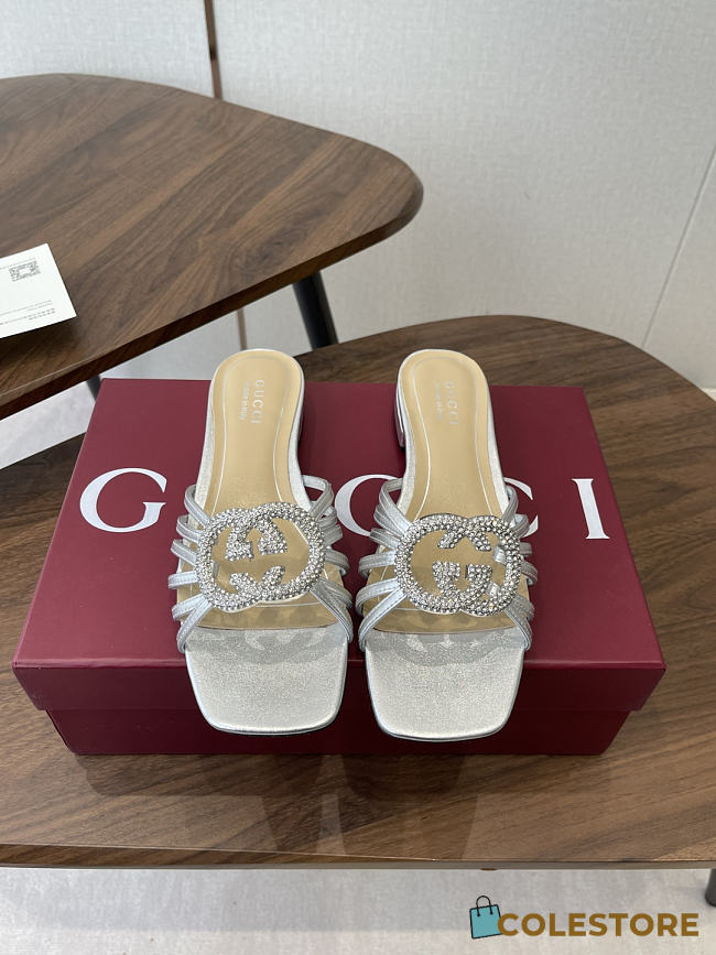 Colestore Gucci Women's slide with crystal Interlocking G in Silver Leather  - 1