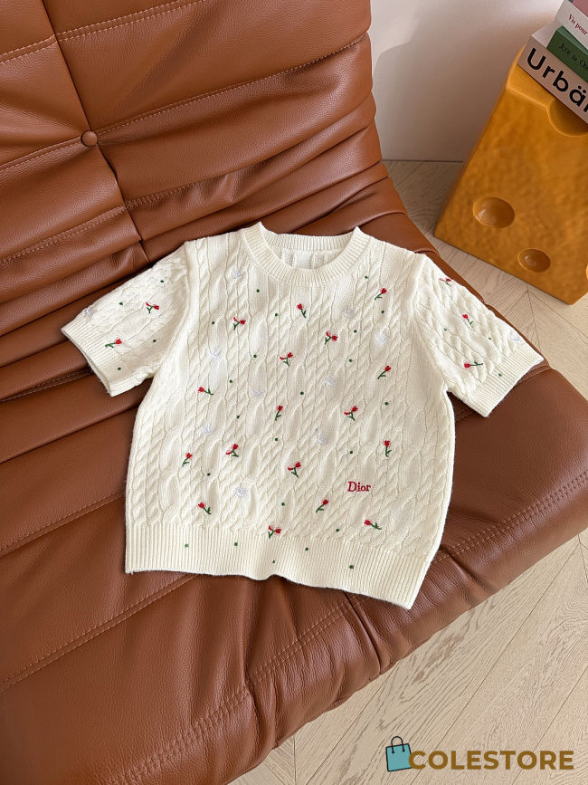 Colestore Dior Dioramour Embroidered Short-Sleeved Sweater Ecru Cashmere Cable-Knit with Multicolor Doves & Roses Motif - 1