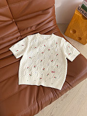 Colestore Dior Dioramour Embroidered Short-Sleeved Sweater Ecru Cashmere Cable-Knit with Multicolor Doves & Roses Motif - 1