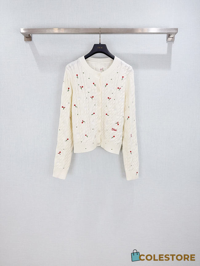 Colestore Dior Dioramour Embroidered Cardigan Ecru Cashmere Cable-Knit with Multicolor Doves & Roses Motif - 1