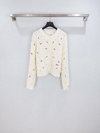 Colestore Dior Dioramour Embroidered Cardigan Ecru Cashmere Cable-Knit with Multicolor Doves & Roses Motif