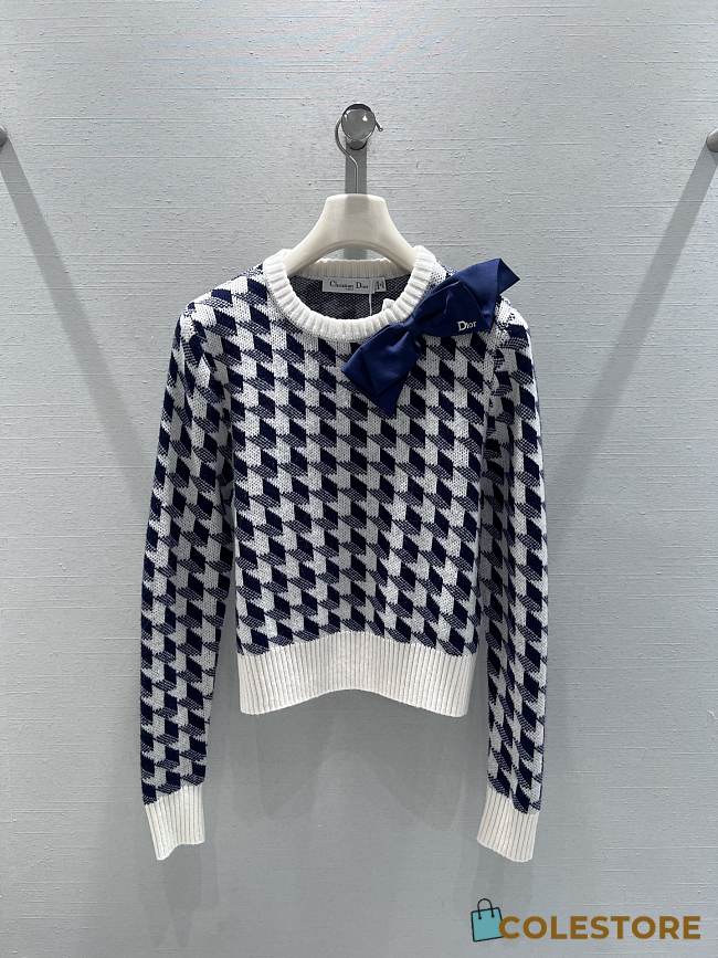 Colestore Dior Cropped Sweater Navy Blue and White Houndstooth Wool Knit - 1