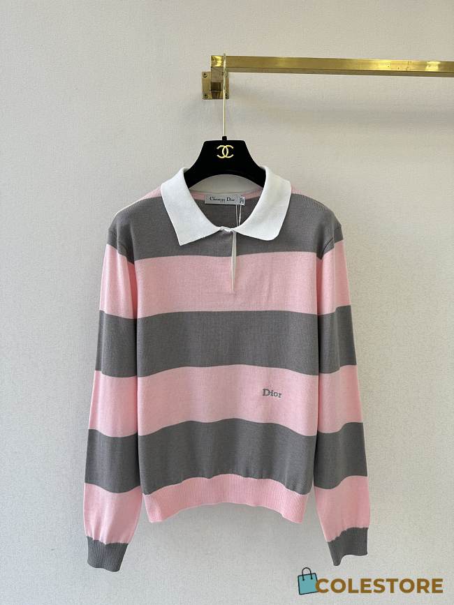 Colestore Dior Marinière Long-Sleeved Polo Shirt Gray and Pink Cotton Knit - 1