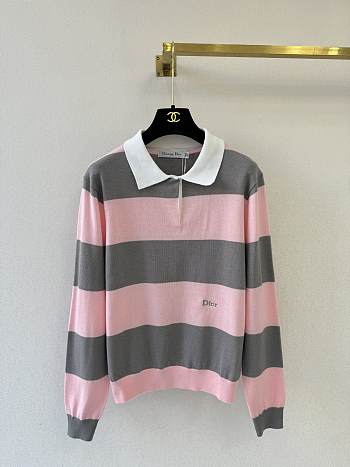 Colestore Dior Marinière Long-Sleeved Polo Shirt Gray and Pink Cotton Knit