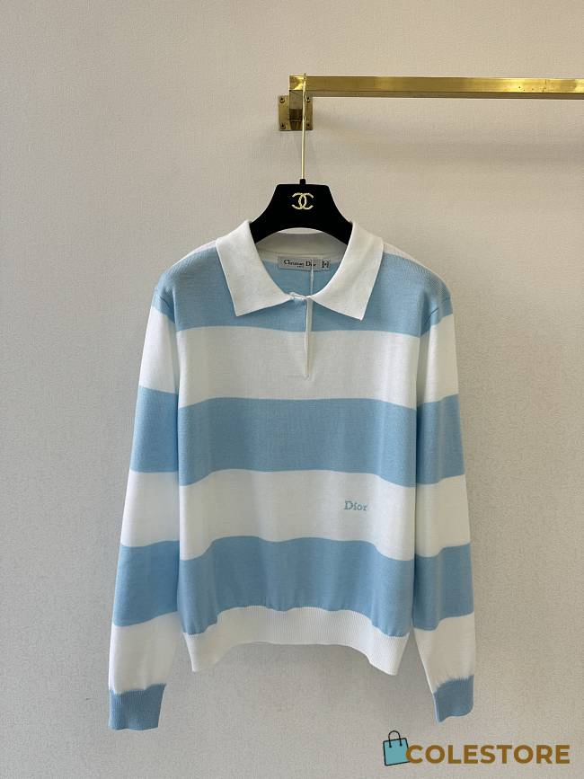 Colestore Dior Marinière Long-Sleeved Polo Shirt Blue and Ecru Cotton Knit - 1