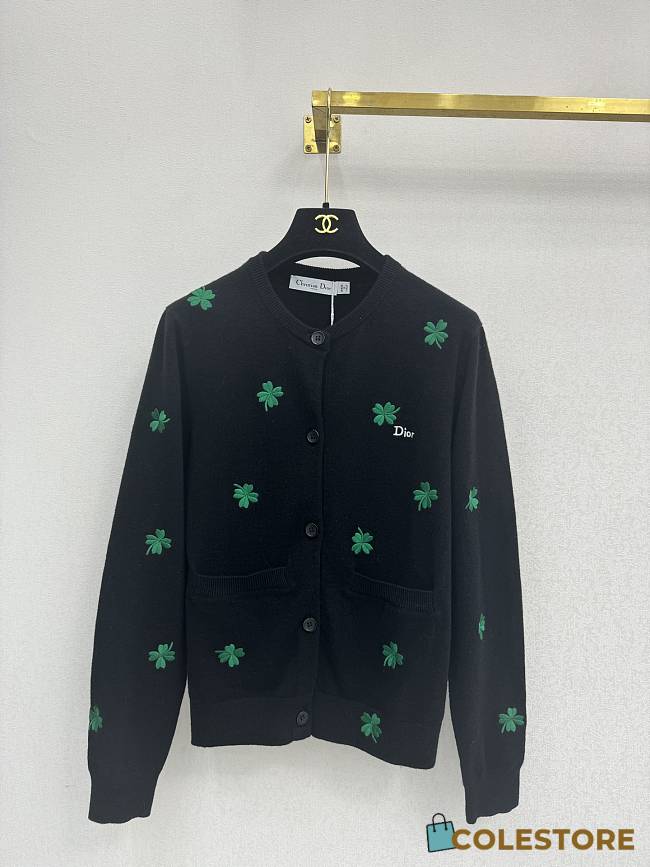 Colestore Dior Cardigan with Dior Clover Embroidery Black Virgin Wool Jersey - 1