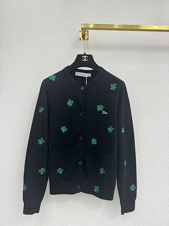 Colestore Dior Cardigan with Dior Clover Embroidery Black Virgin Wool Jersey