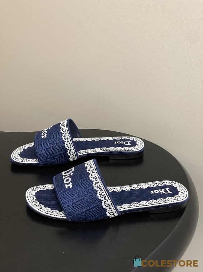 Colestore Dior Dentelle Slide Blue Dior Oblique Embroidered Cotton and White Lace - 1