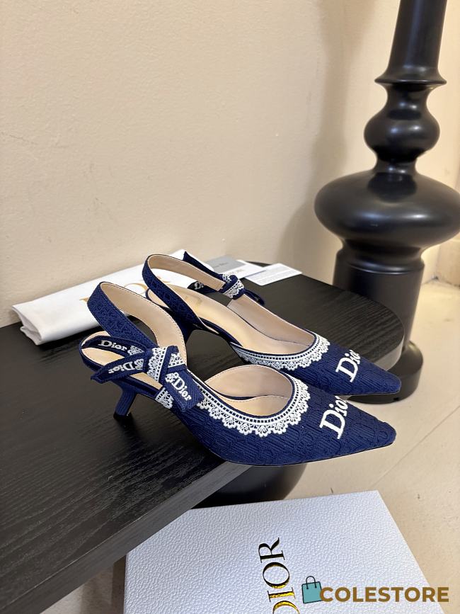 Colestore Dior J'Adior Slingback Pump Blue Dior Oblique Embroidered Cotton and White Lace - 1