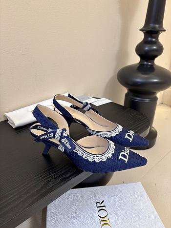 Colestore Dior J'Adior Slingback Pump Blue Dior Oblique Embroidered Cotton and White Lace