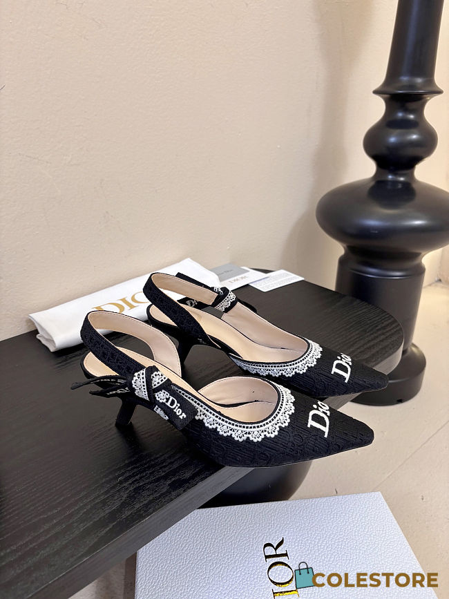 Colestore Dior J'Adior Slingback Pump Black Dior Oblique Embroidered Cotton and White Lace - 1
