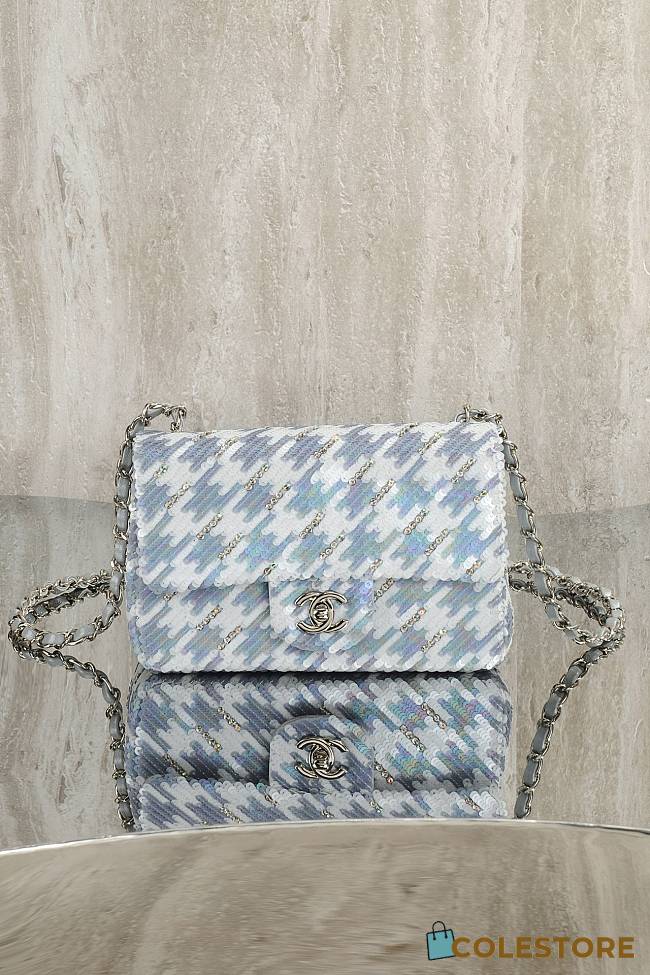 Colestore Chanel Classic Flap Bag Sequins & Silver-Tone Metal Light Blue & White 20cm - 1
